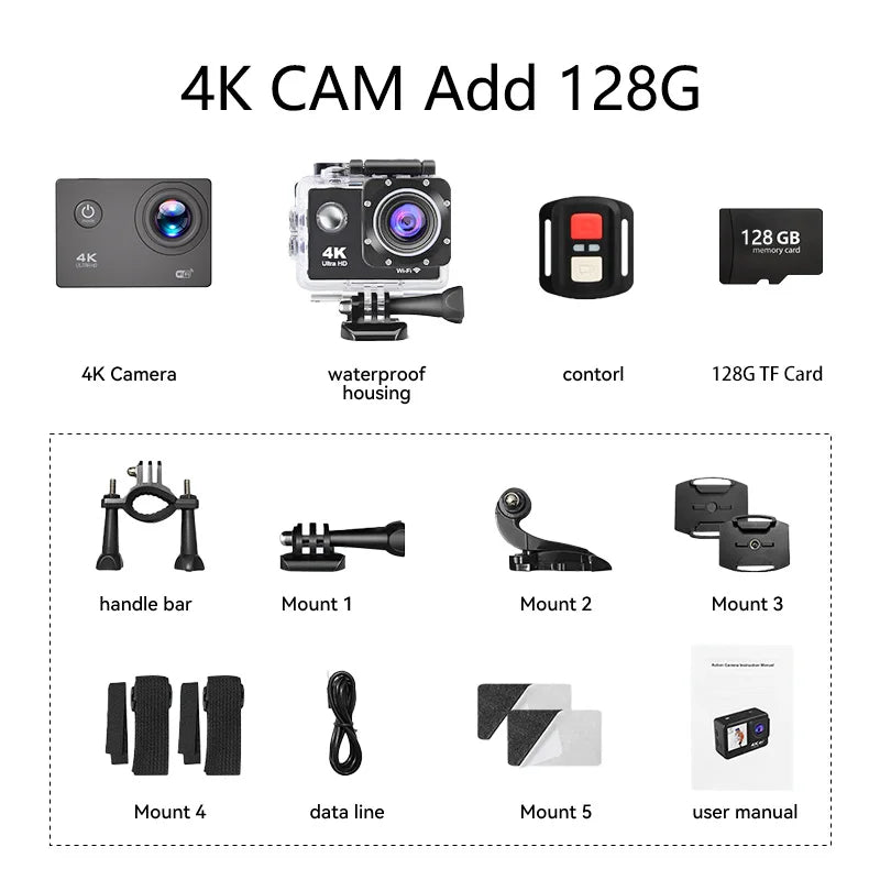 4K Action Camera Waterproof — WiFi, 170° Wide Angle & Helmet Mount for SUP & Outdoor Sports